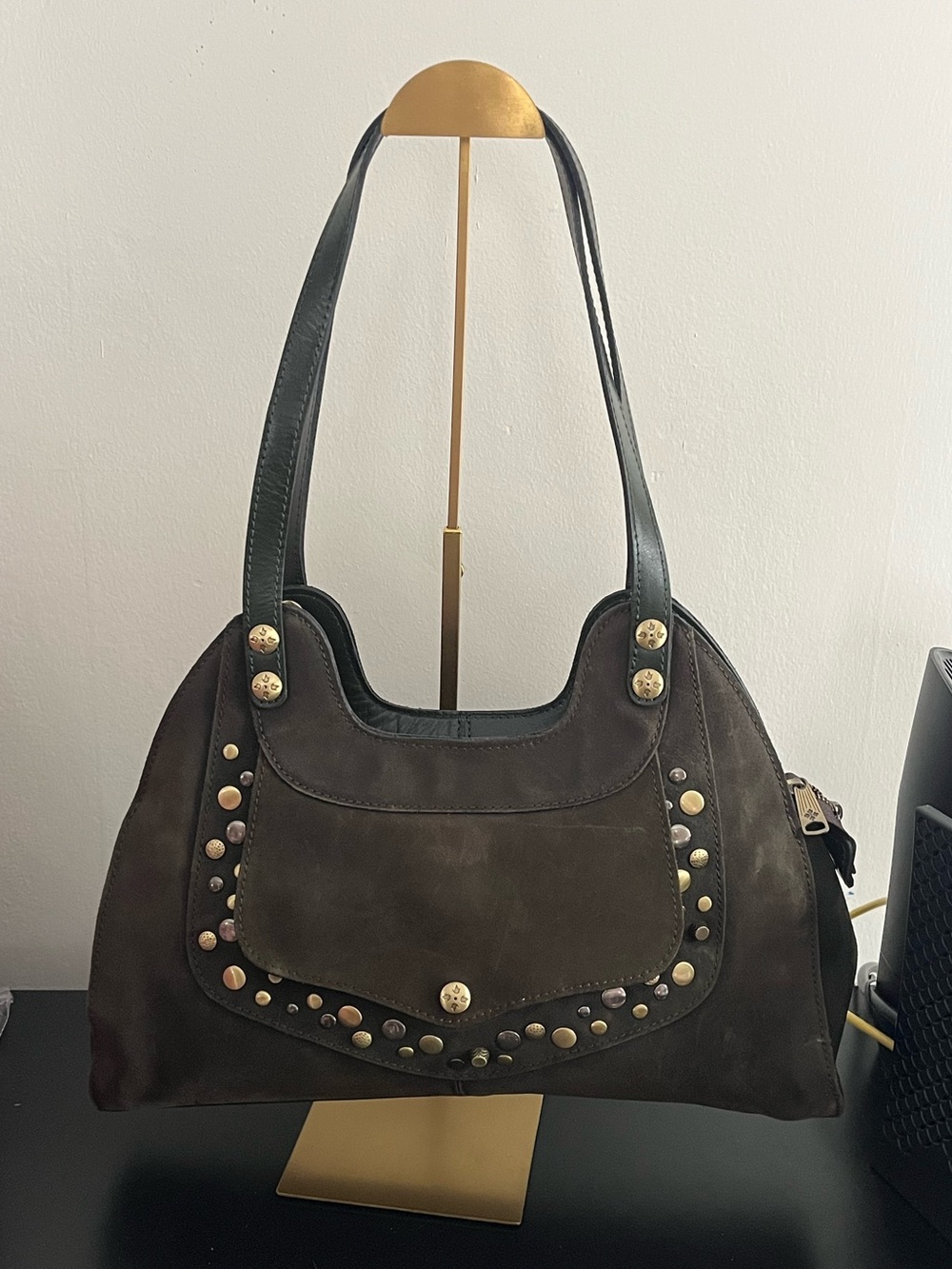 Patricia Nash Studded Suede Shoulder Bag in Dark Brown